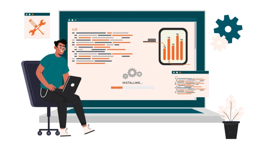Developer building a custom website—code, install progress, and analytics—driving digital transformation for businesses