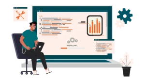 Developer building a custom website—code, install progress, and analytics—driving digital transformation for businesses