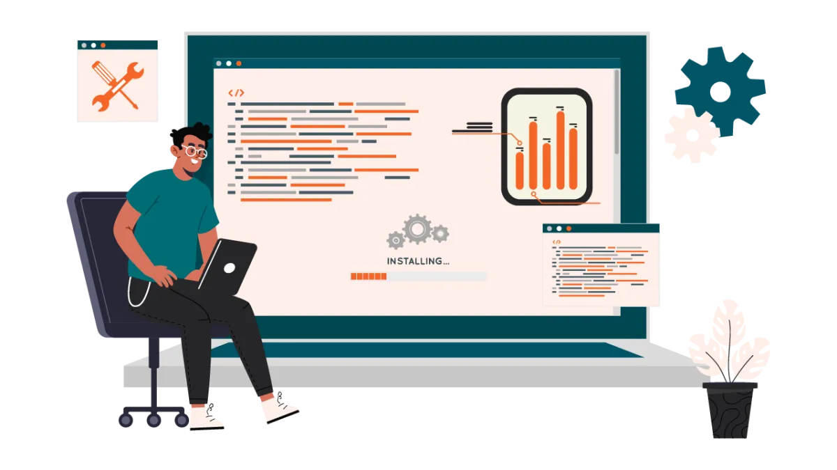Developer building a custom website—code, install progress, and analytics—driving digital transformation for businesses
