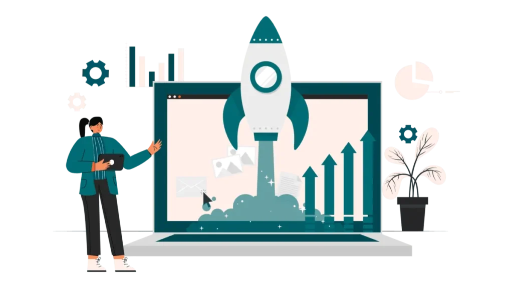 Illustration of a website performance boost with a rocket launching from a laptop, representing improved website speed and Core Web Vitals optimization.