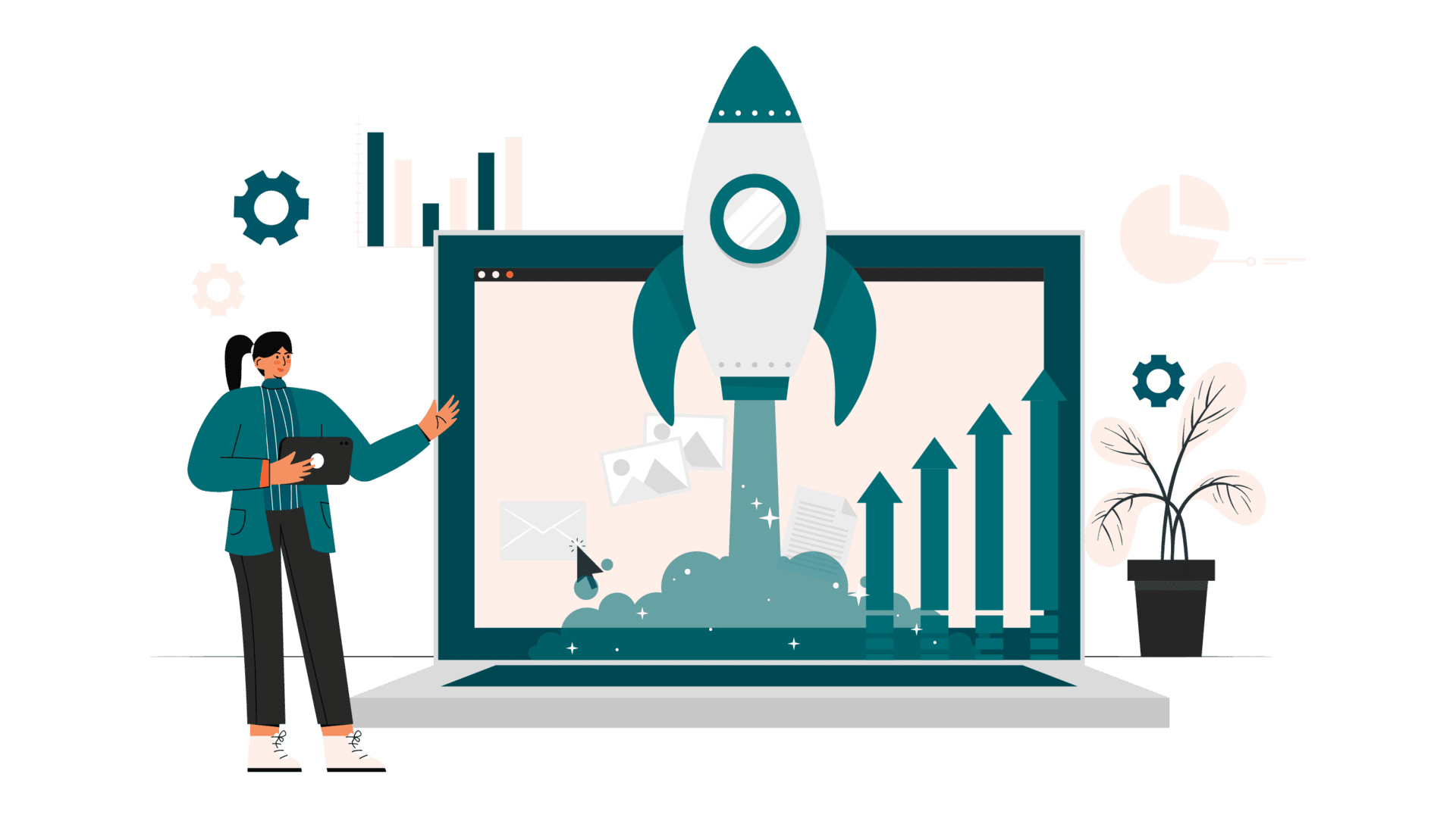 Illustration of a website performance boost with a rocket launching from a laptop, representing improved website speed and Core Web Vitals optimization.