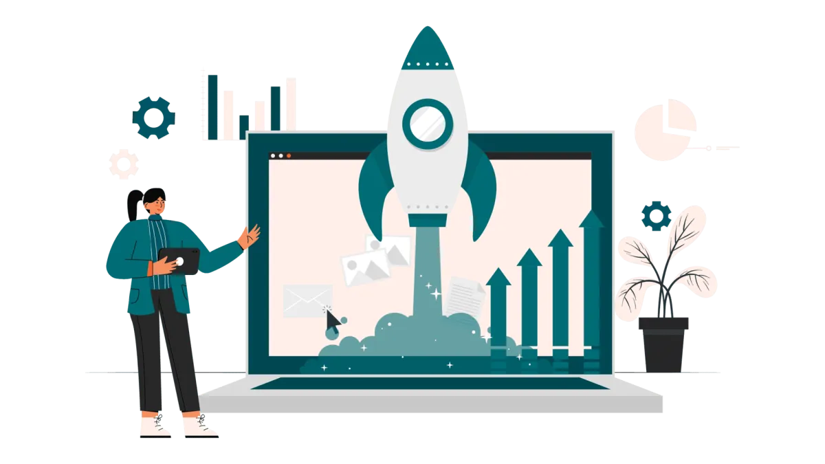 Illustration of a website performance boost with a rocket launching from a laptop, representing improved website speed and Core Web Vitals optimization.