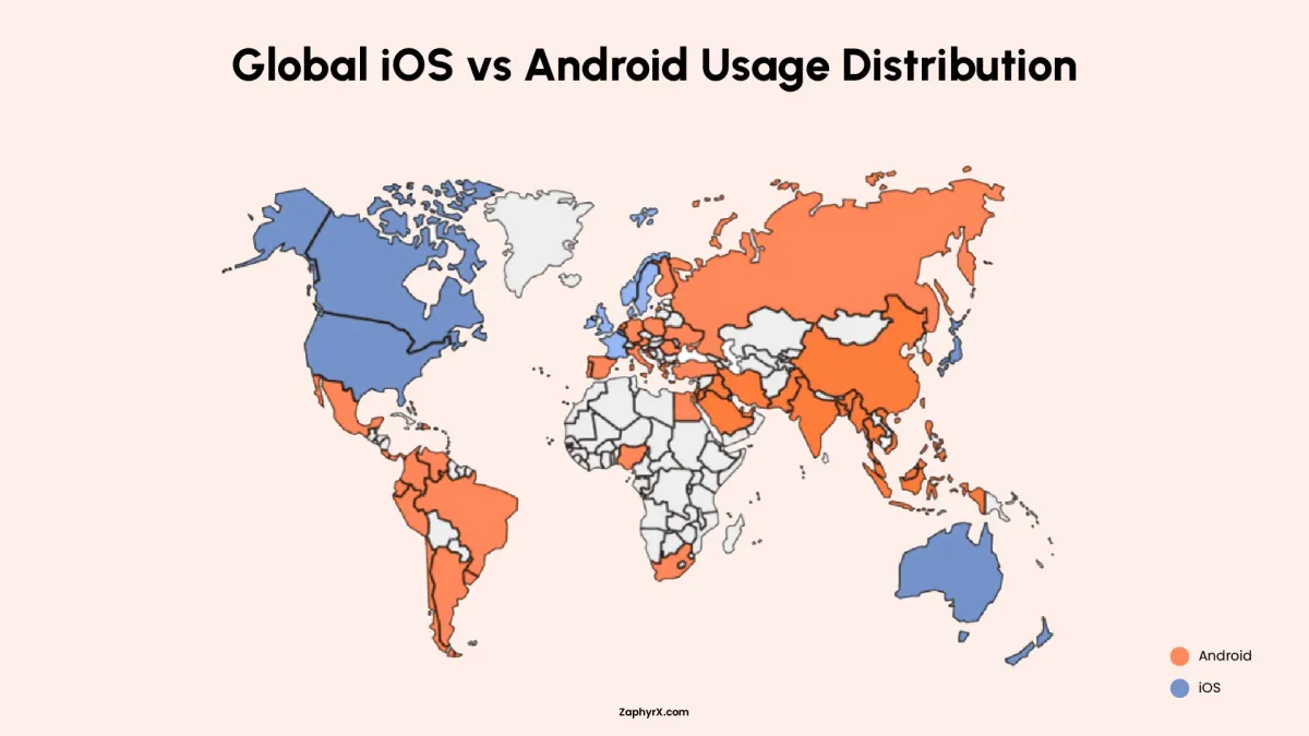 World map showing global iOS vs Android usage distribution