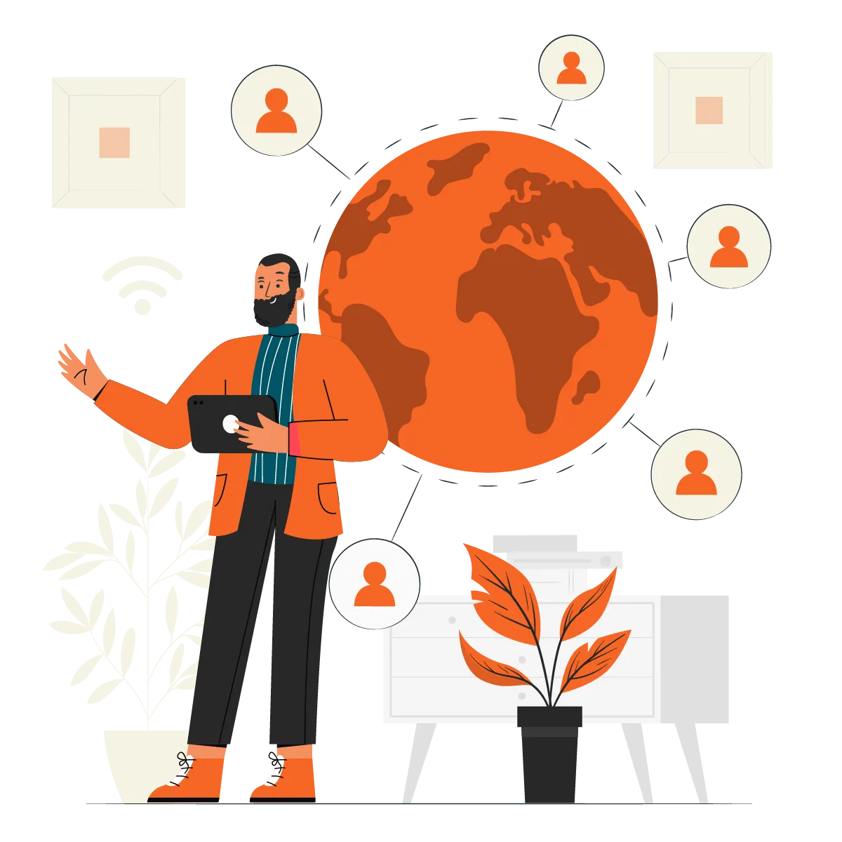 Global team collaboration concept with a person using a tablet and connected user icons around a globe
