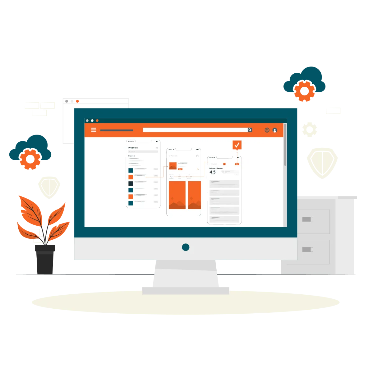 Responsive web and mobile app screens displayed on a desktop monitor