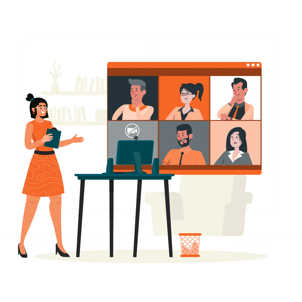 Consultant presenting during a video conference call with multiple participants on screen