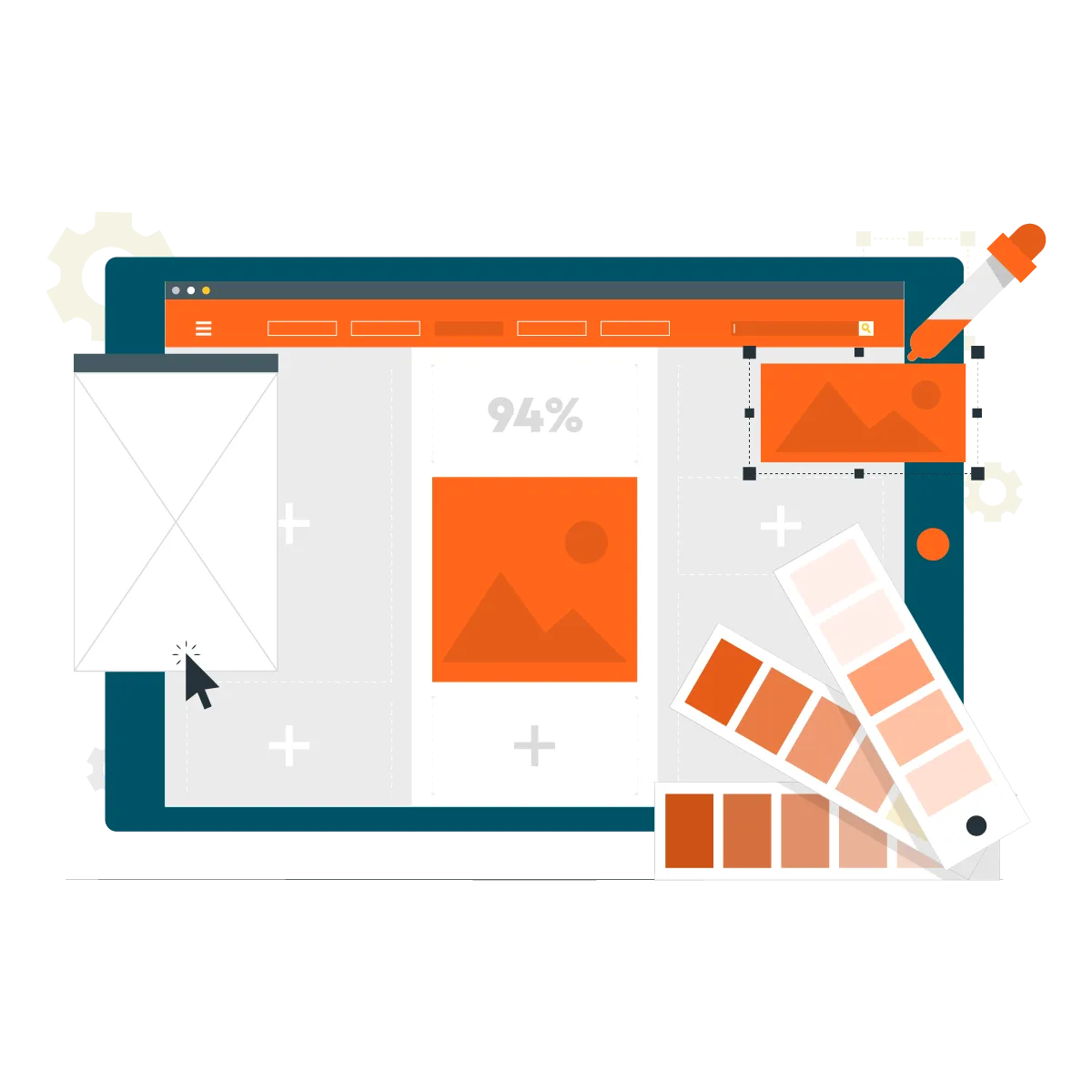 Website UI design layout with image placeholders, a pencil tool, and color palette swatches