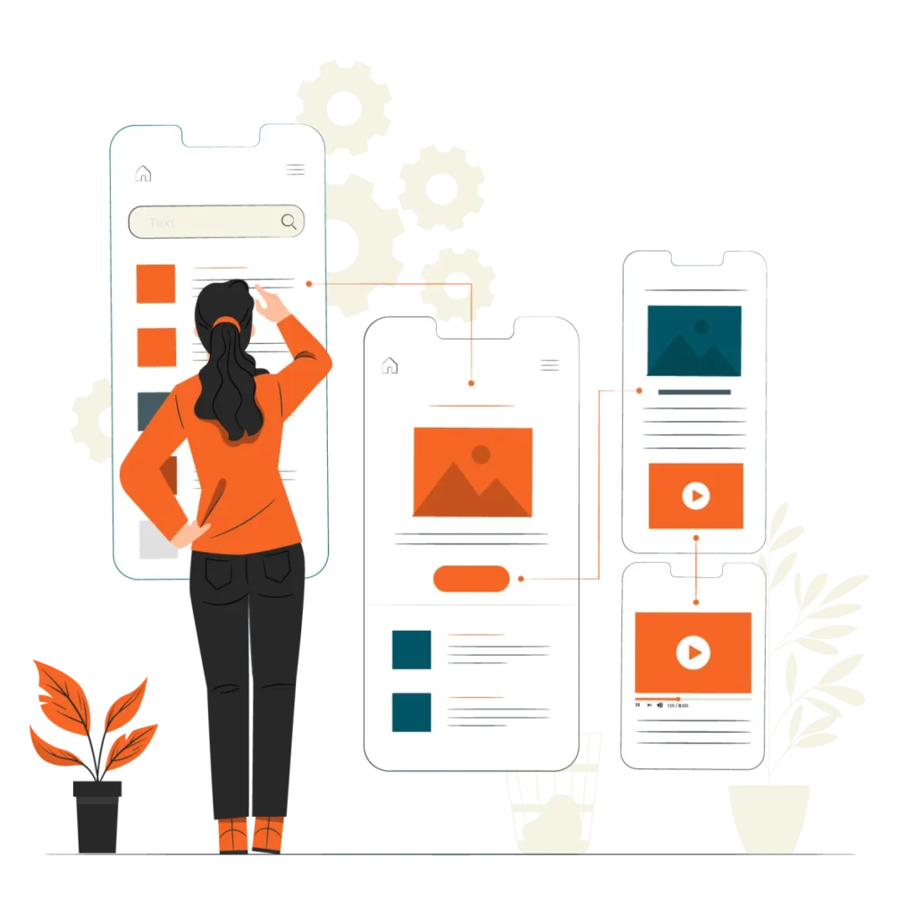 Mobile app UI screens connected in a user flow with a designer reviewing content