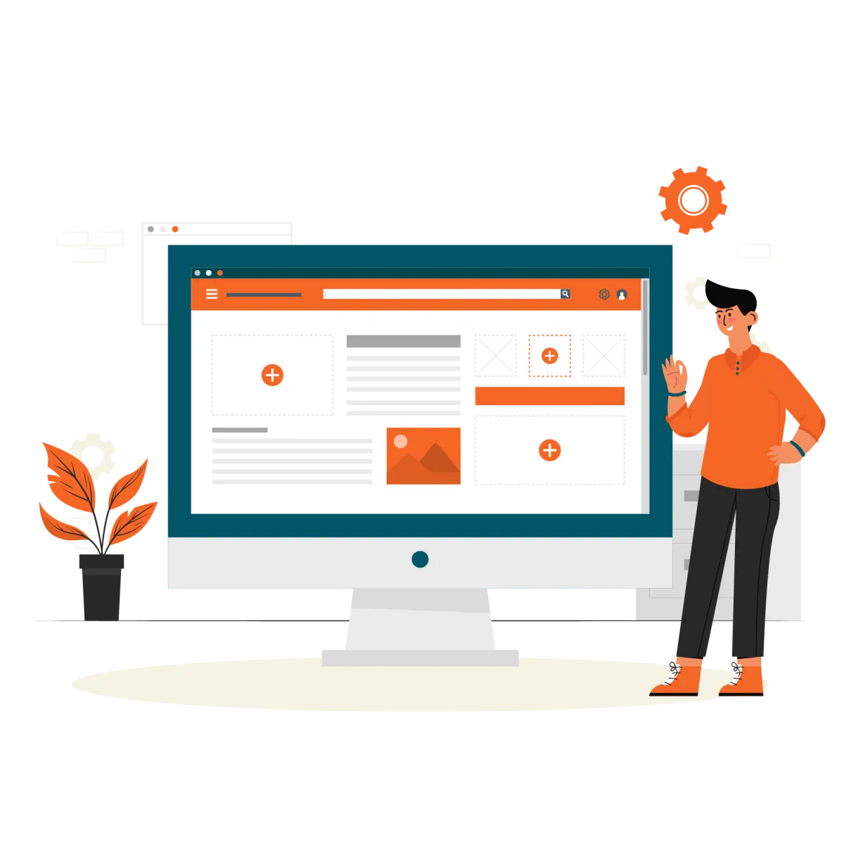 Website design layout on a desktop screen with a person standing beside the monitor