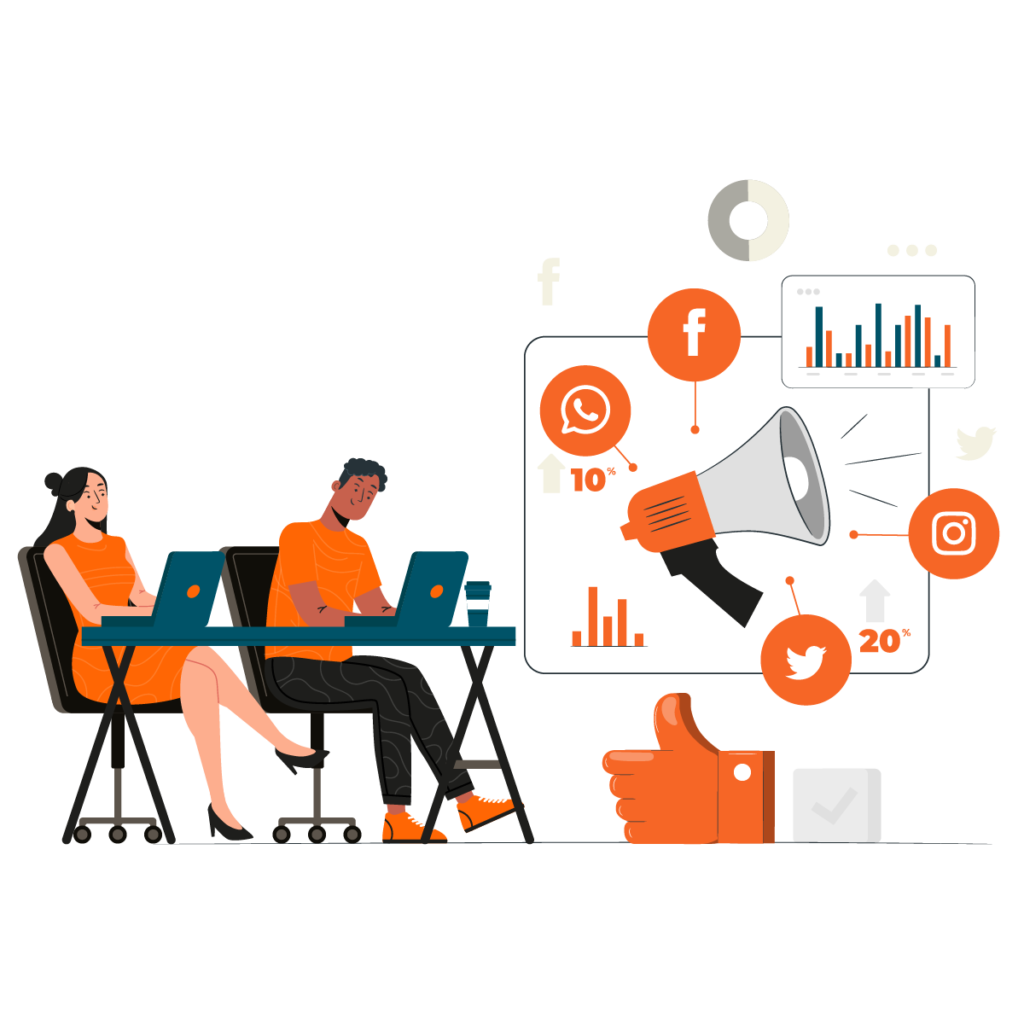 Social media marketing campaign illustration with a megaphone, platform icons, and performance charts