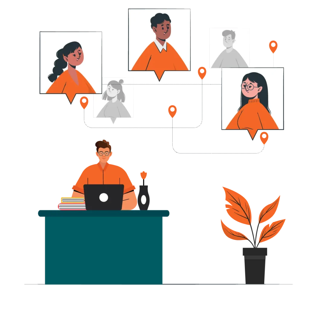 Customer persona and user journey mapping illustration with connected profile cards