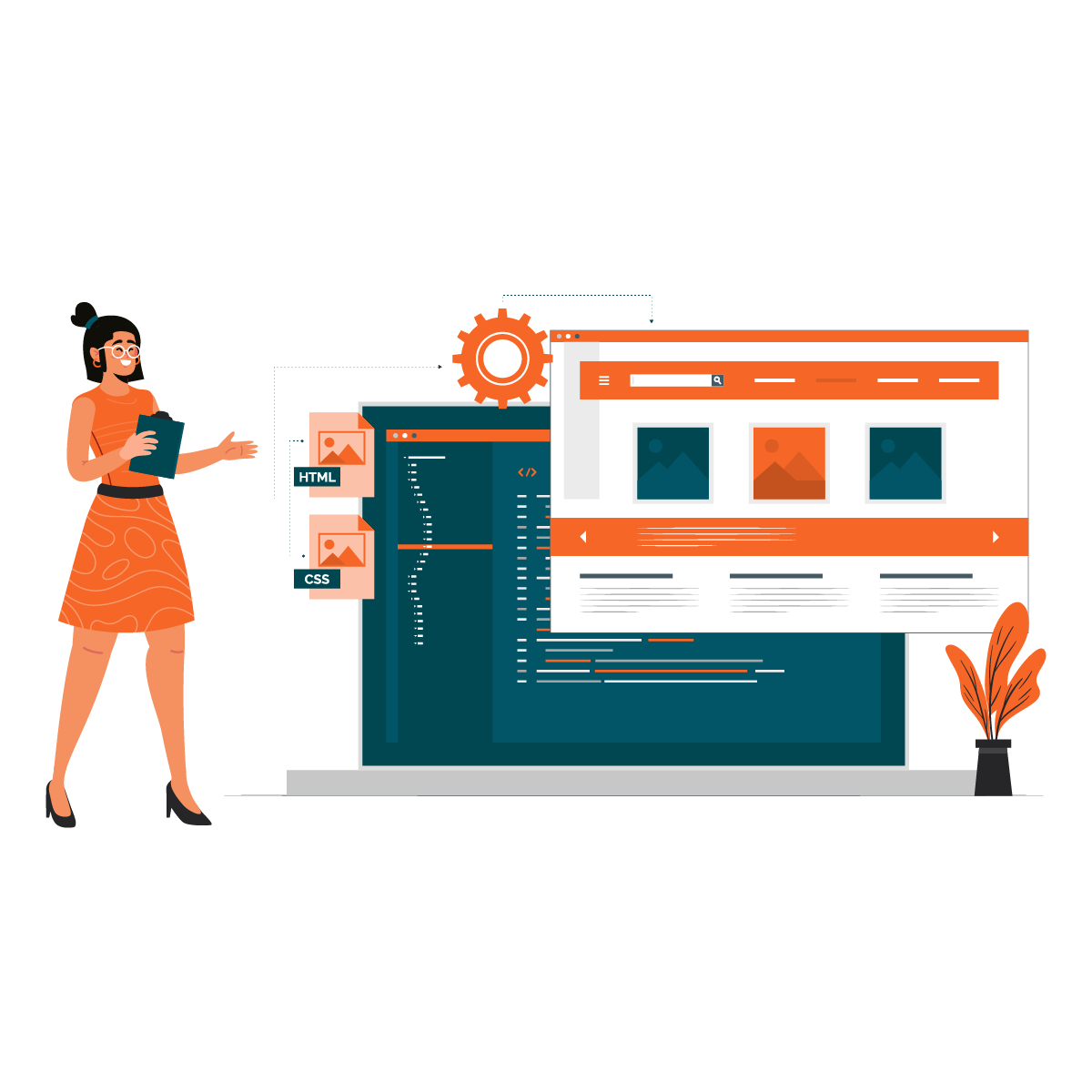 Custom website development illustration showing code, UI layout, and HTML and CSS icons