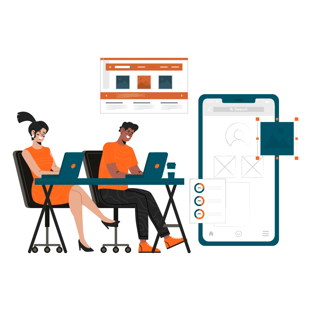 Team working on a mobile app UI wireframe with a smartphone mockup and page layout
