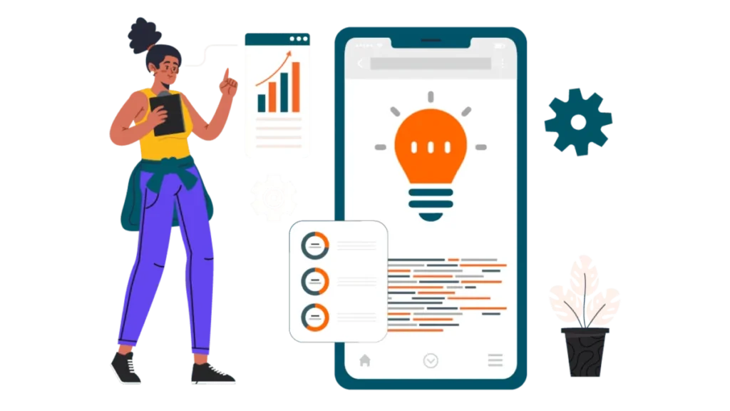 Illustration of a mobile app idea with a lightbulb on a smartphone screen and a growth chart
