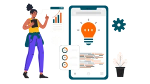 Illustration of a mobile app idea with a lightbulb on a smartphone screen and a growth chart