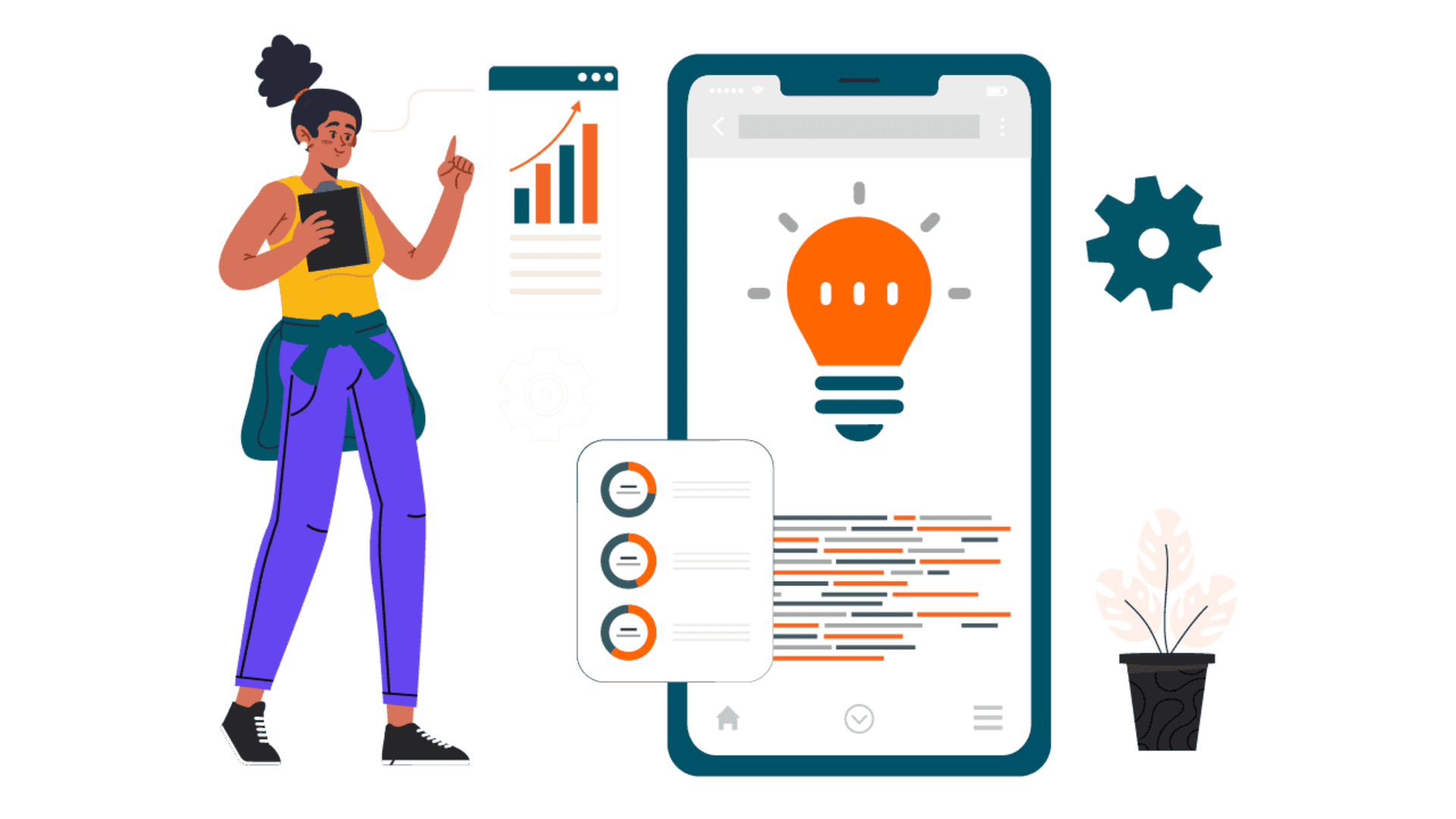Illustration of a mobile app idea with a lightbulb on a smartphone screen and a growth chart