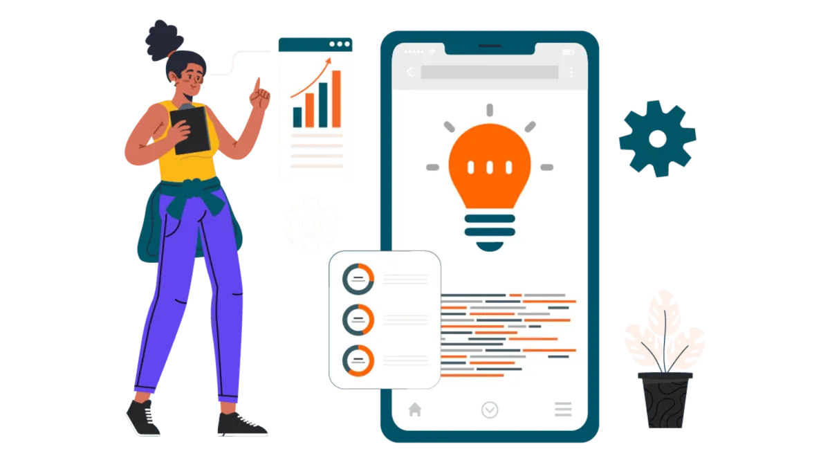 Illustration of a mobile app idea with a lightbulb on a smartphone screen and a growth chart