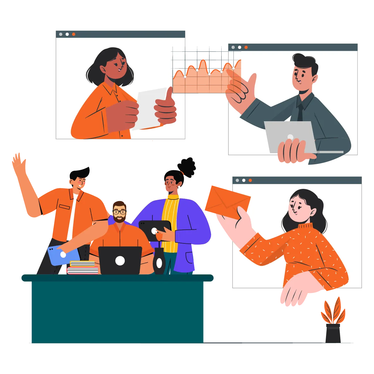 Team collaboration and remote communication illustration with people, messages, and charts on screens