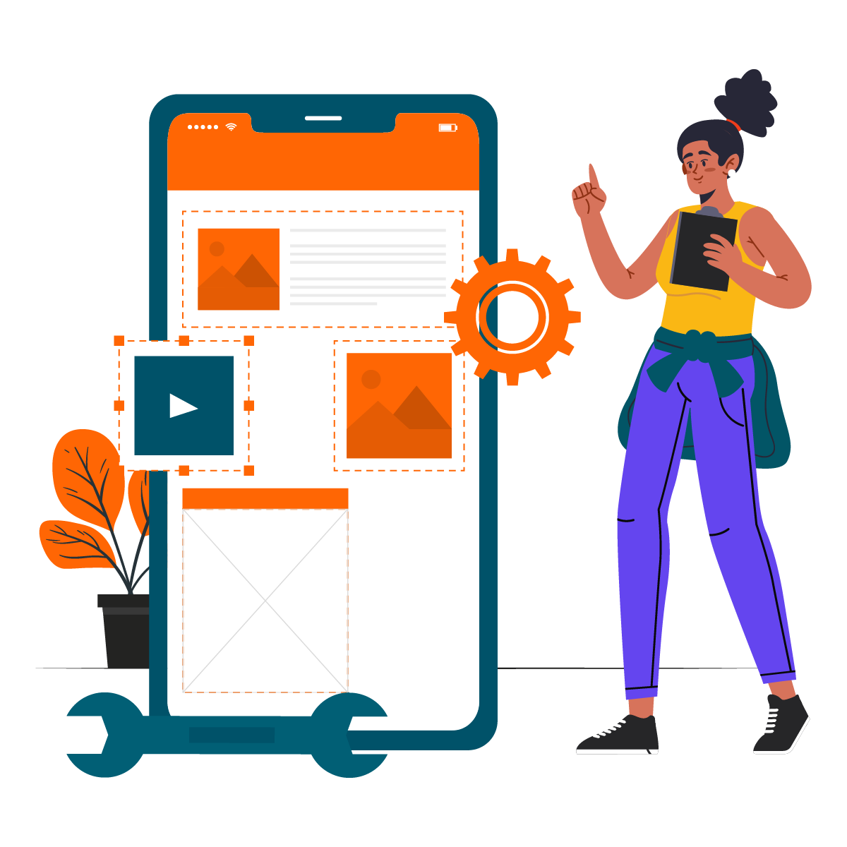 Web development illustration showing code, HTML and CSS files, and a website layout