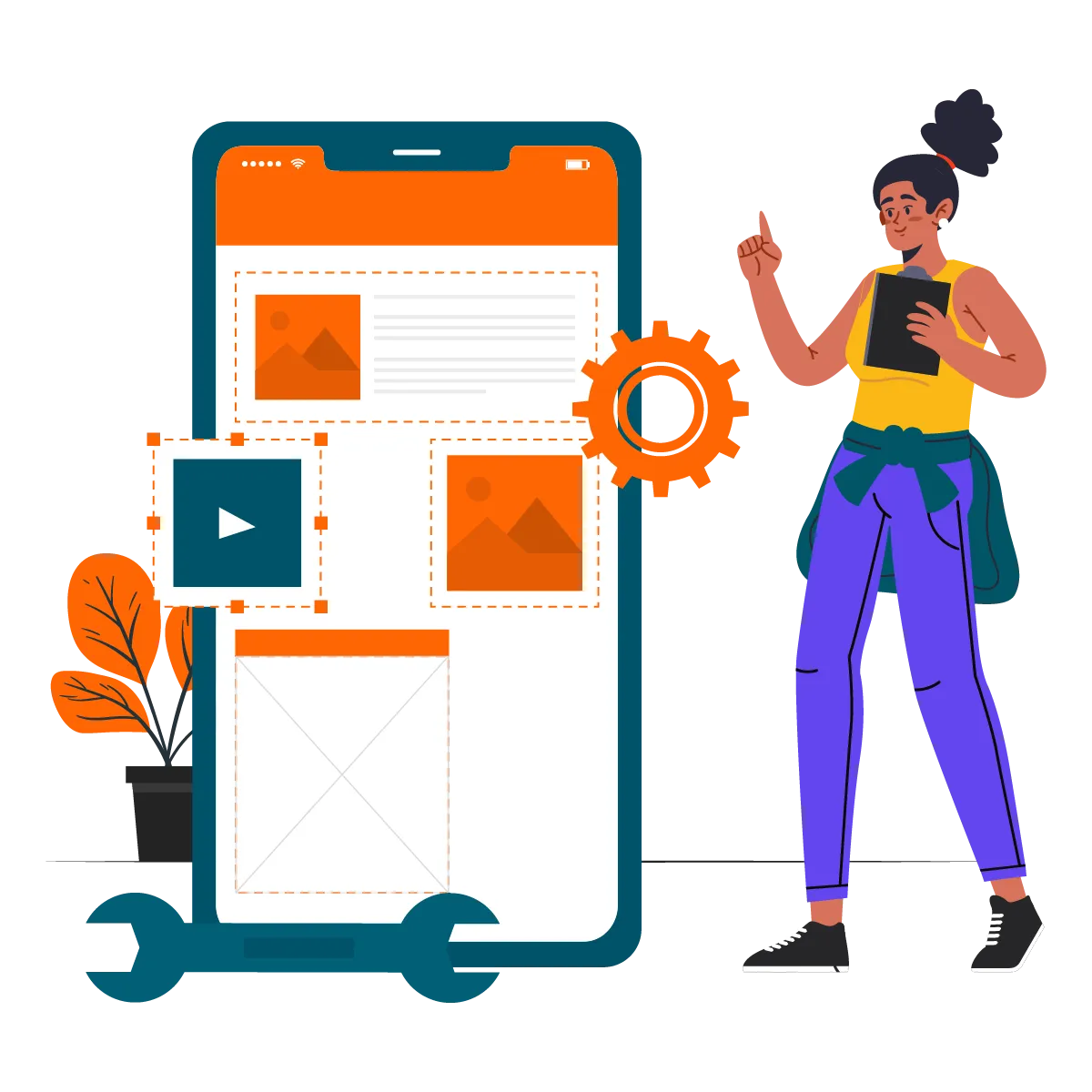 Web development illustration showing code, HTML and CSS files, and a website layout