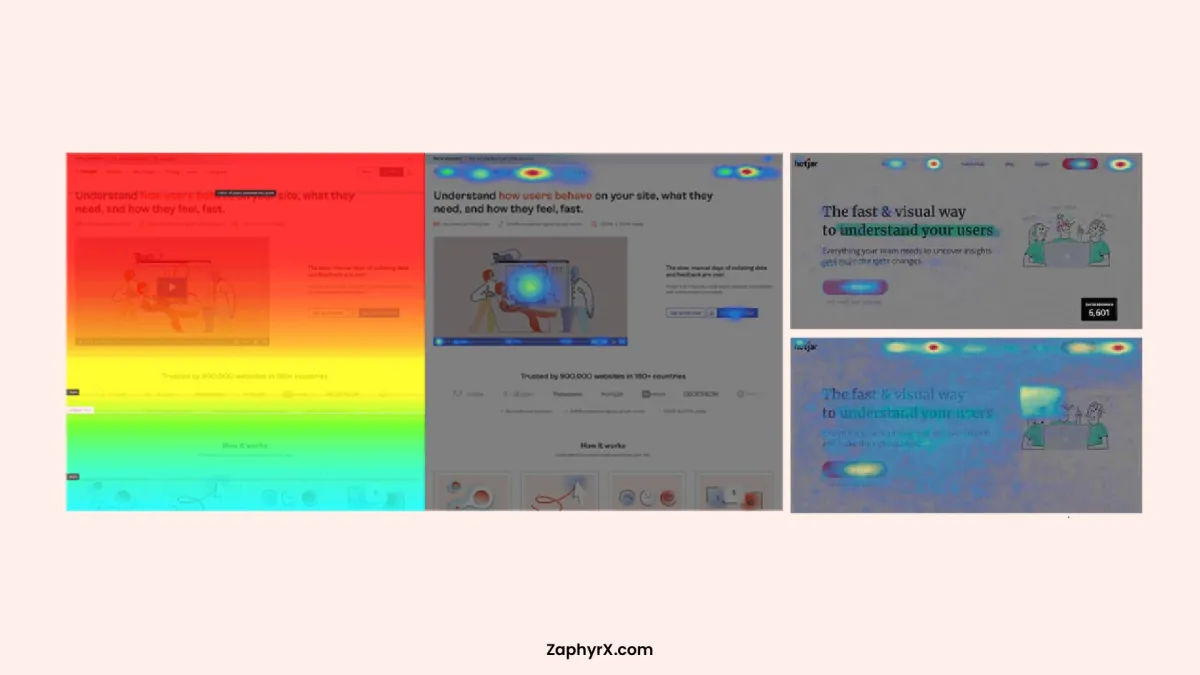 A collection of website heatmaps showing user interaction patterns, scroll depth, and click density on a landing page to analyze how users behave and where they focus their attention.