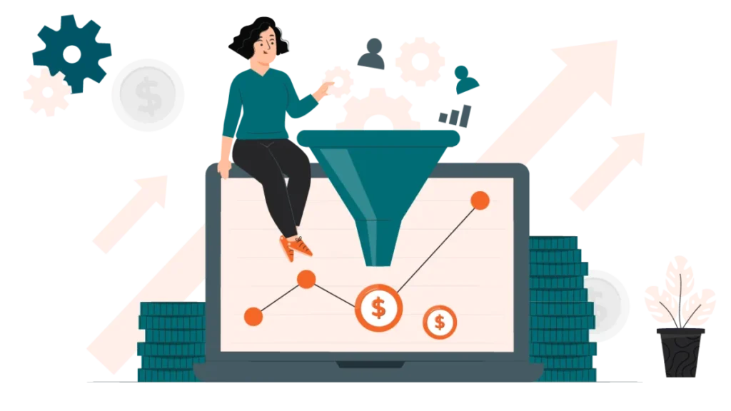 An illustration of a woman sitting on a laptop, interacting with a large funnel that processes data icons into currency symbols, representing a digital marketing conversion funnel.