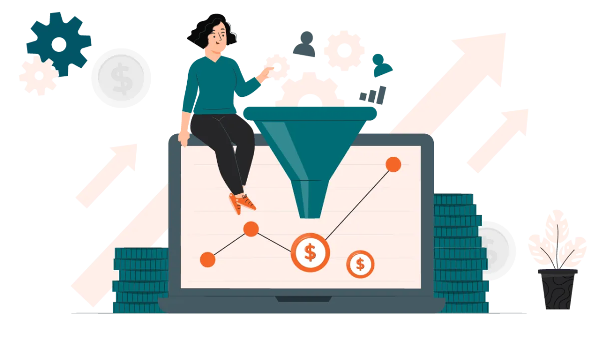 An illustration of a woman sitting on a laptop, interacting with a large funnel that processes data icons into currency symbols, representing a digital marketing conversion funnel.