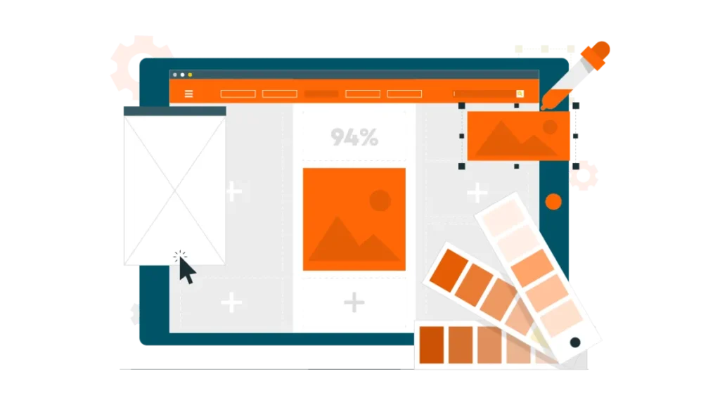 Illustration of a digital workspace with UI layouts and color swatches.