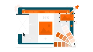 Illustration of a digital workspace with UI layouts and color swatches.
