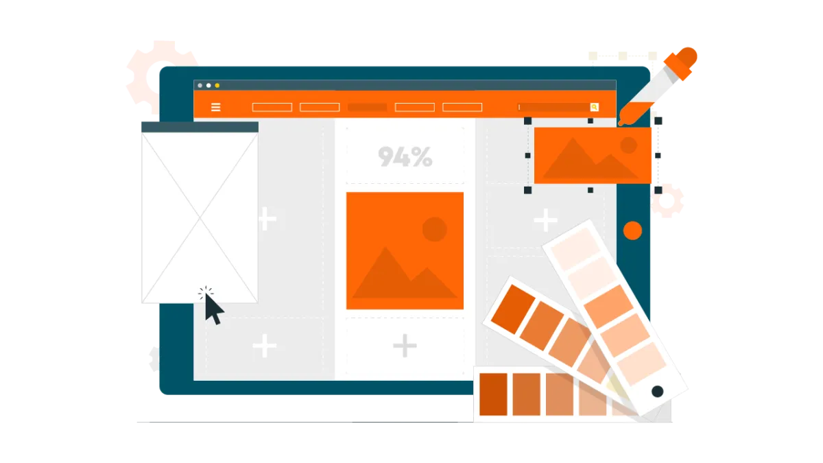 Illustration of a digital workspace with UI layouts and color swatches.