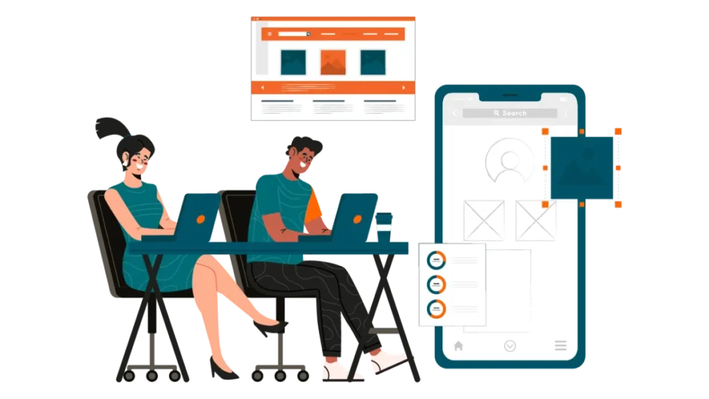 Illustration of two designers working on laptops next to a large mobile wireframe and website layout.