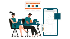 Illustration of two designers working on laptops next to a large mobile wireframe and website layout.
