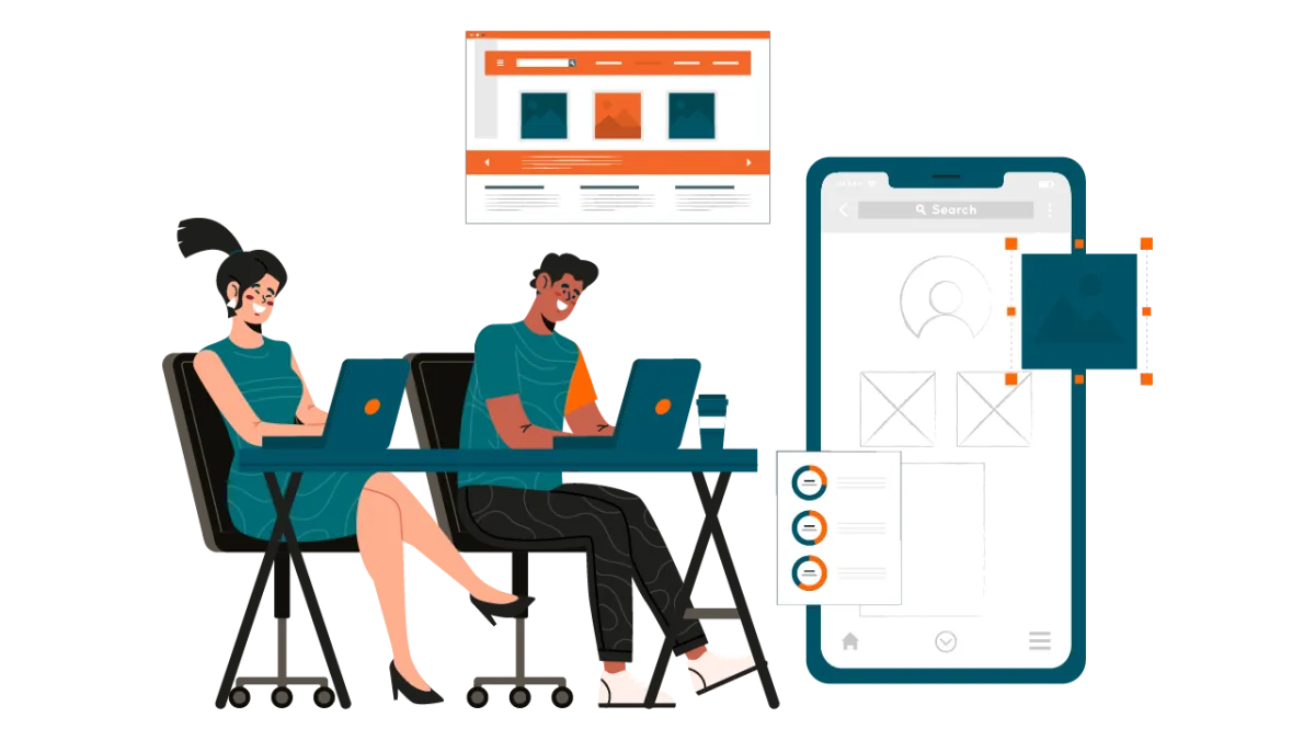 Illustration of two designers working on laptops next to a large mobile wireframe and website layout.