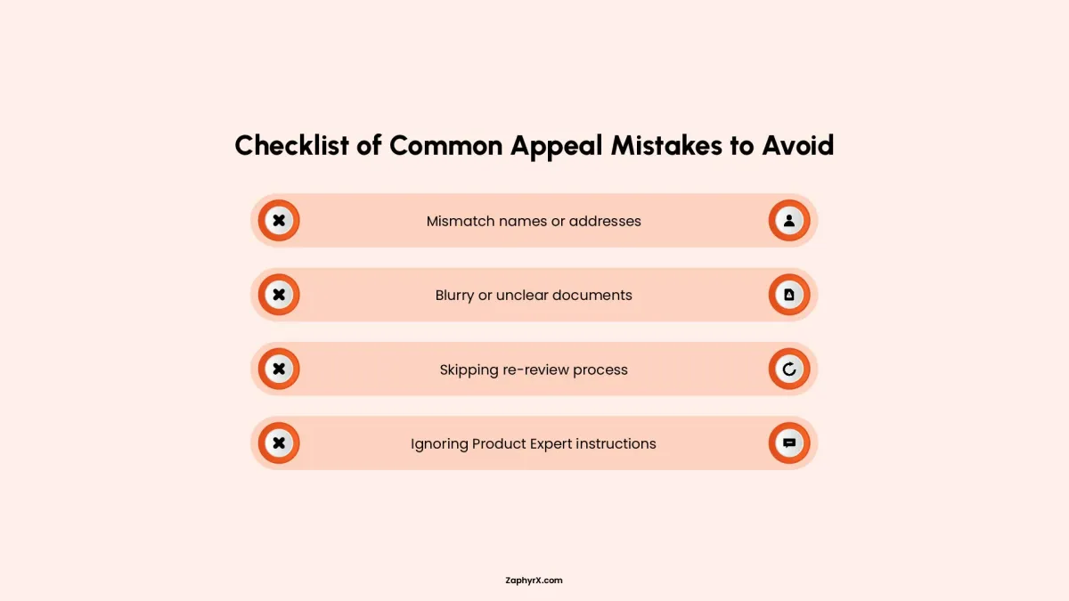 Checklist of common mistakes to avoid during a Google Business Profile suspension appeal.