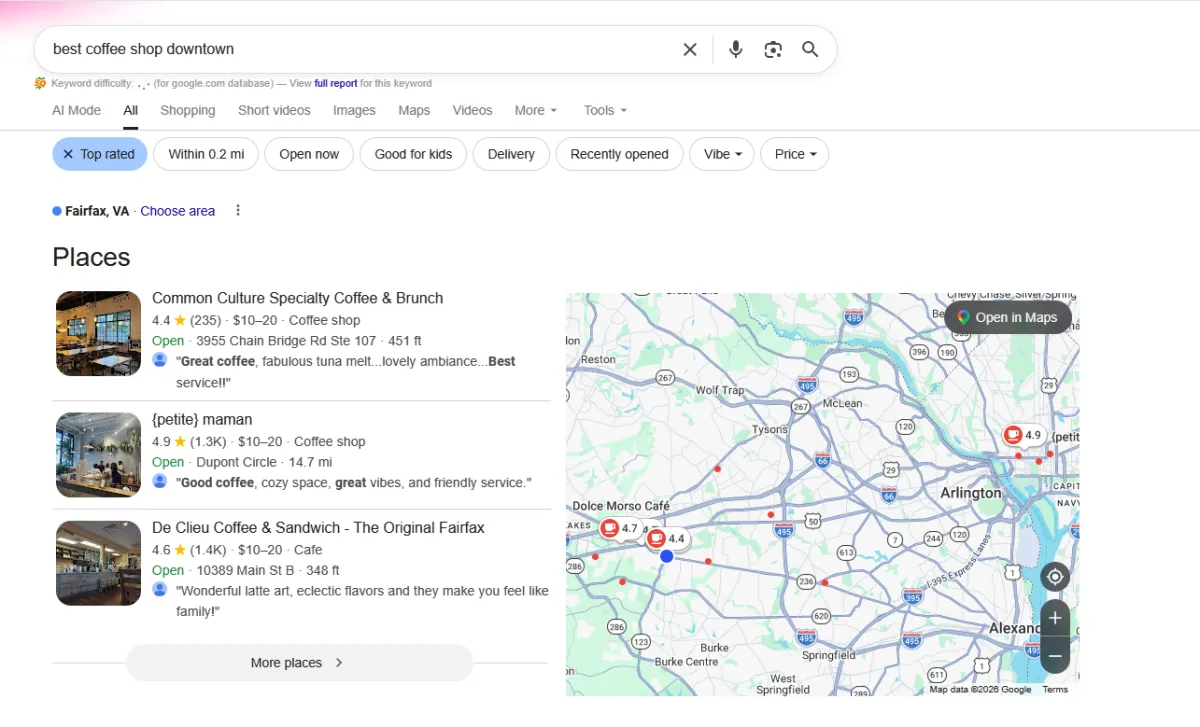 Example of Google's Local Pack search results showing three ranked local businesses with a map for a best coffee shop downtown search