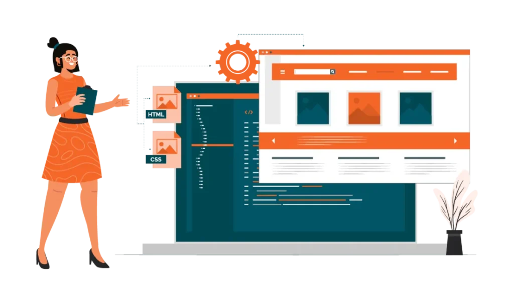 Vector illustration of a designer standing next to backend code, HTML and CSS files, and a website user interface layout.