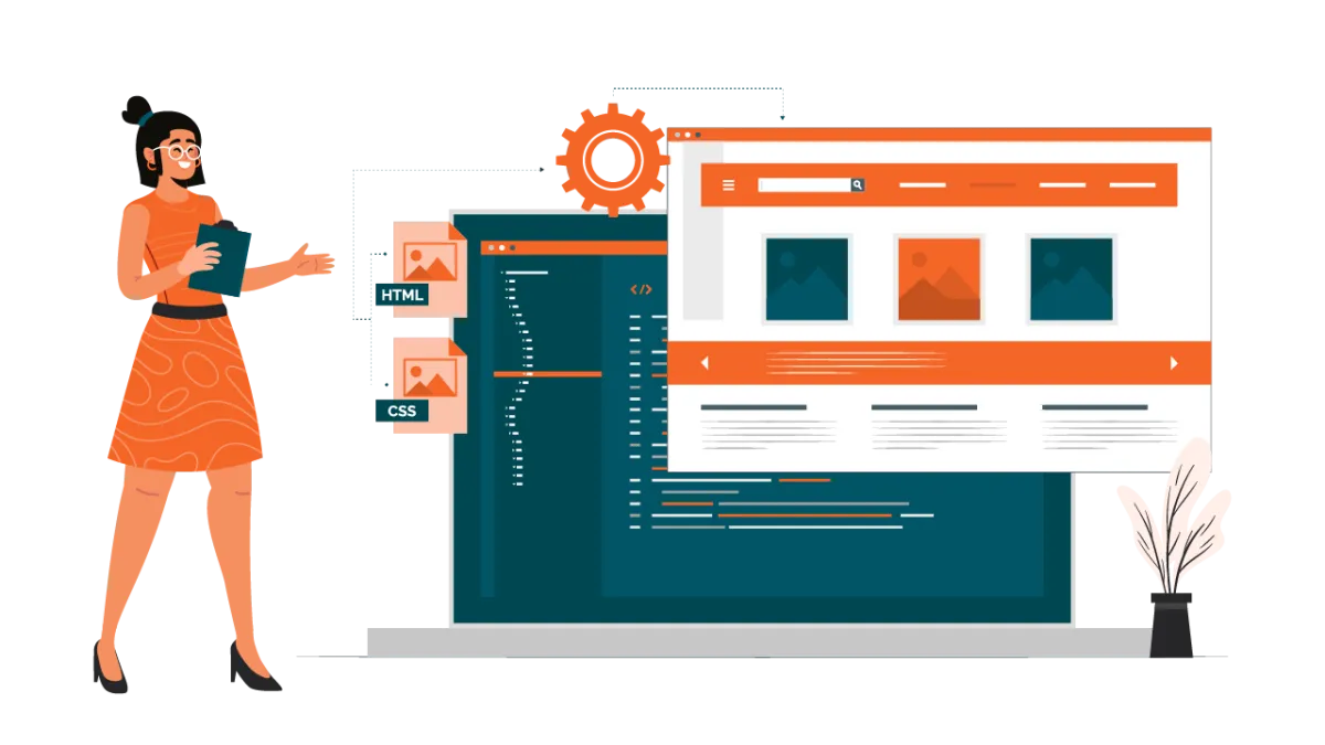 Vector illustration of a designer standing next to backend code, HTML and CSS files, and a website user interface layout.