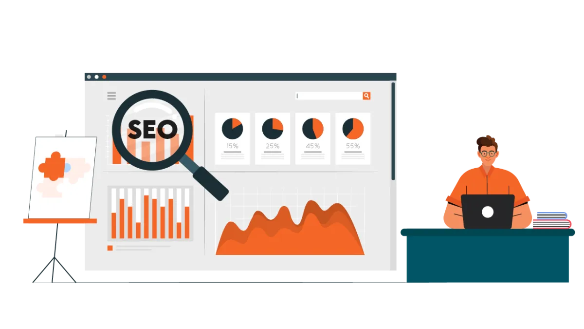 Vector illustration of an SEO specialist working on a laptop next to an analytics dashboard displaying performance charts and search engine optimization metrics.