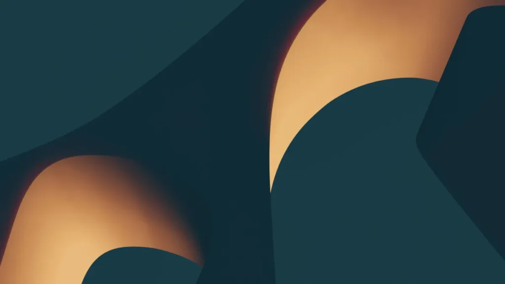 Abstract curves lit in warm orange and deep teal