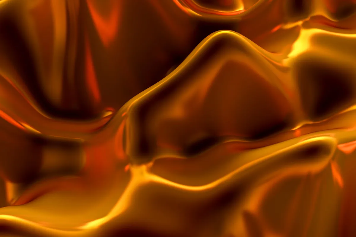 Abstract render of molten orange and gold liquid metal