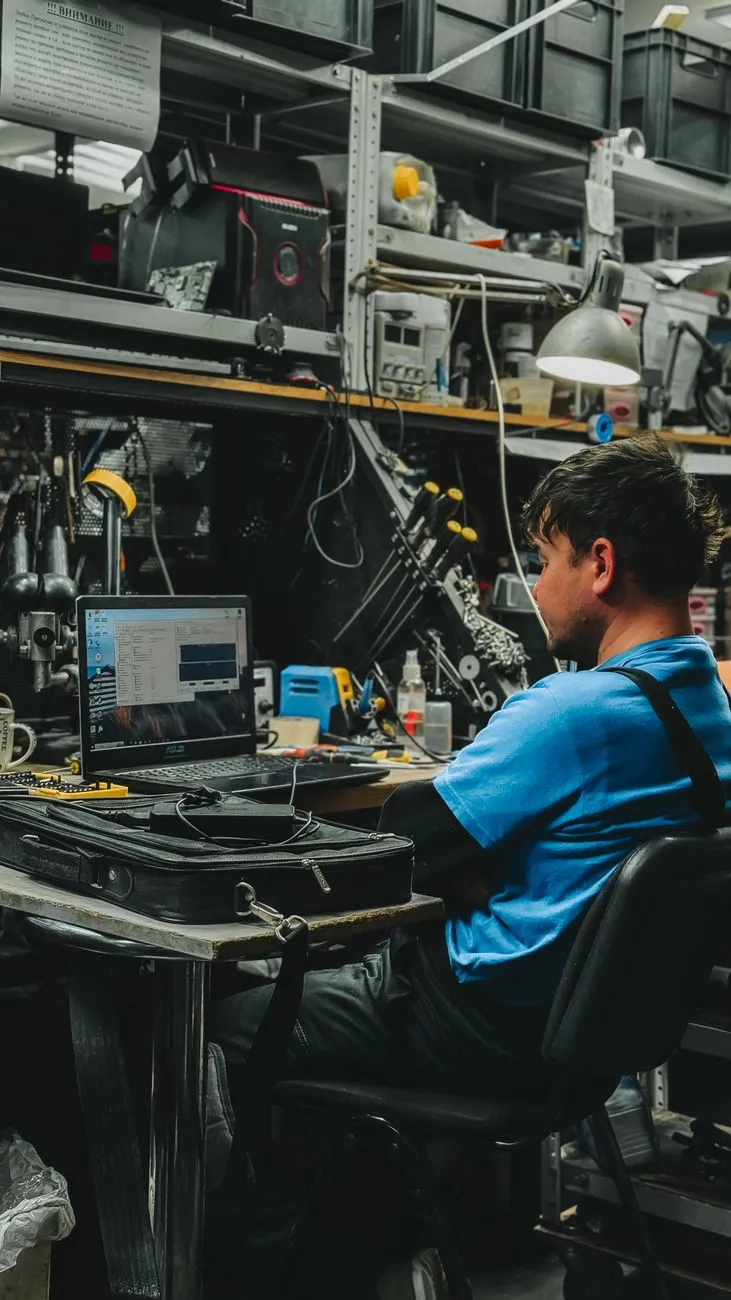 Technician maintaining hardware at a workbench with a laptop