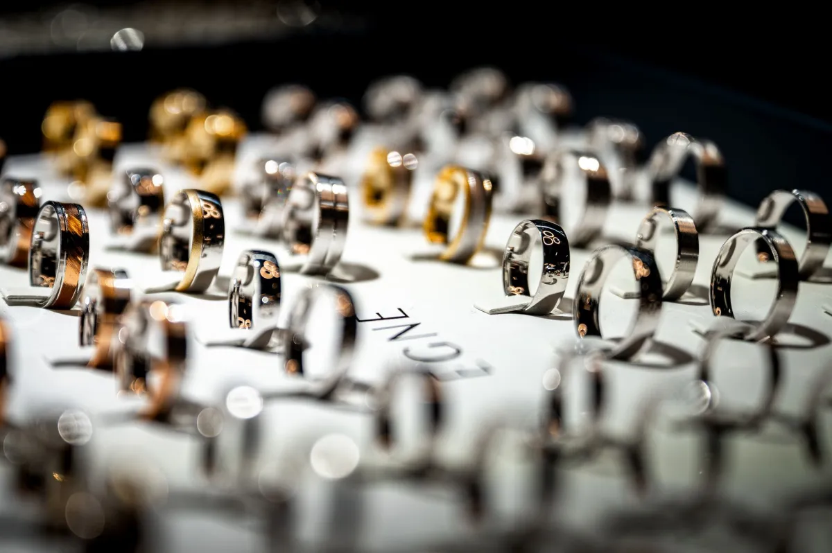 Rings displayed in a jewellery case