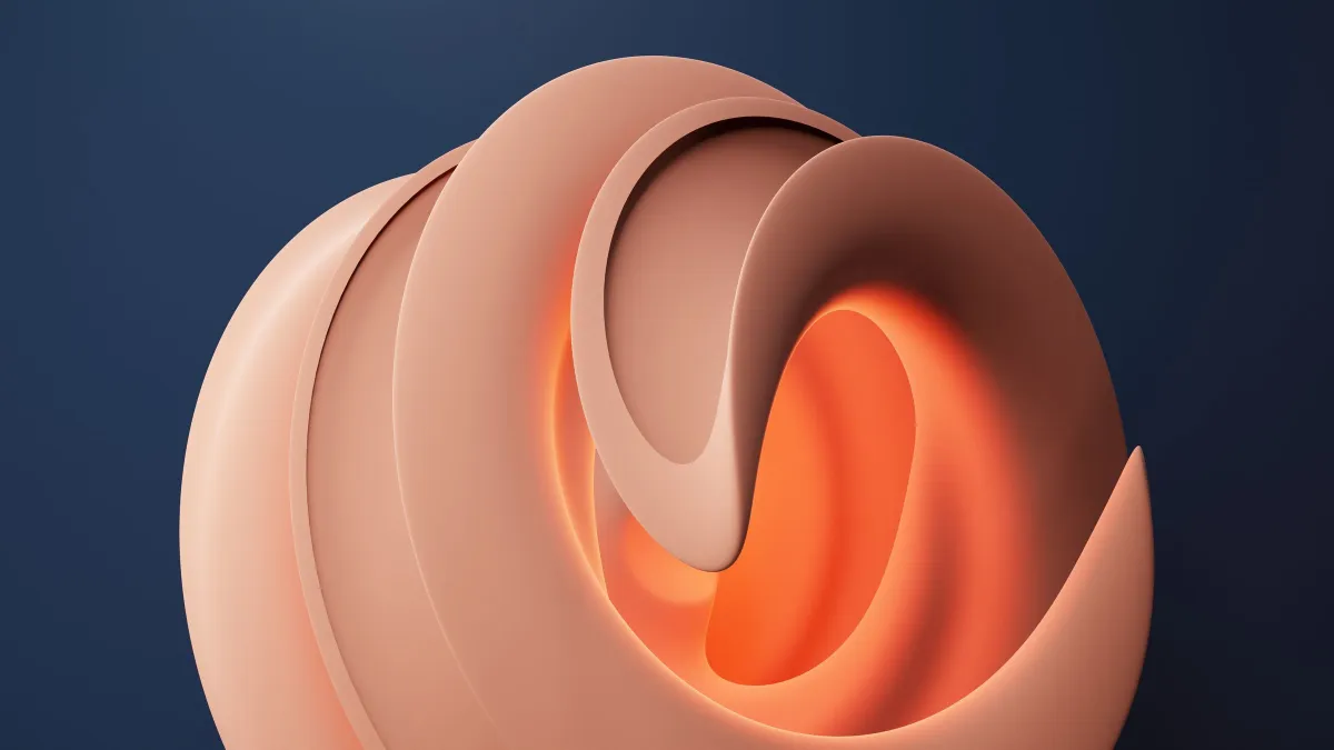 Abstract 3D sculpture glowing orange against a dark background