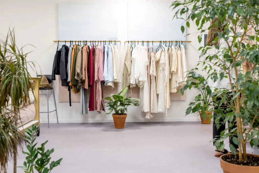 Clothing rack in a bright fashion boutique
