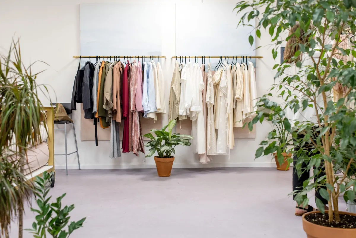 Clothing rack in a bright fashion boutique