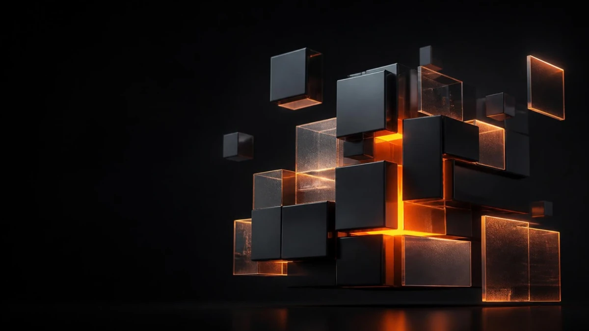 Dark modular cubes and glass blocks assembling into one structure, lit by orange light from the joins