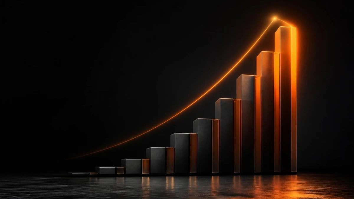 Rising 3D columns with an orange growth curve sweeping over the tallest one