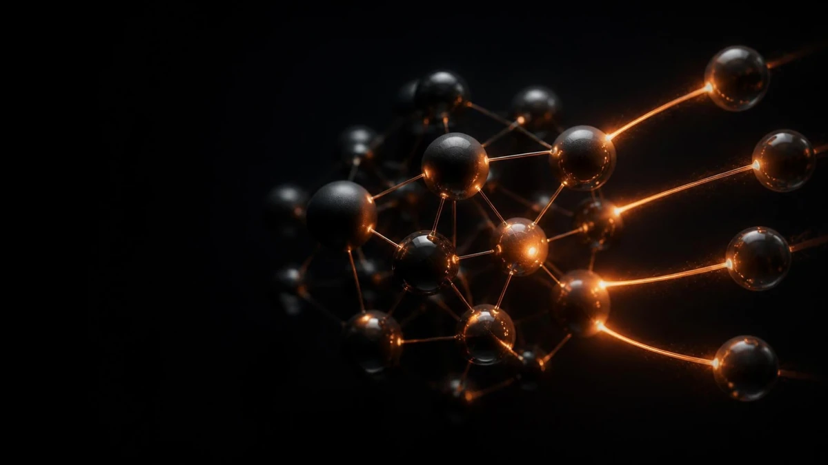 Dark spheres joined by glowing orange threads, with new spheres linking into the network